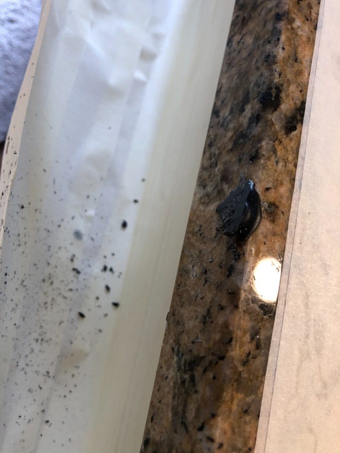 Before repair: damaged granite edge in Halifax Granite damaged on the edge, needs refilling and restoring to its origanal finish. Worktop was repaired in halifax.