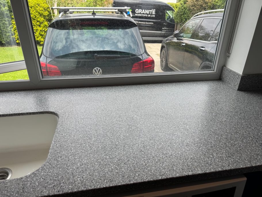 After repair: refinished Corian surface Picture showing a cracked Corian worktop fully repaired and restored to its original finish before the crack.
