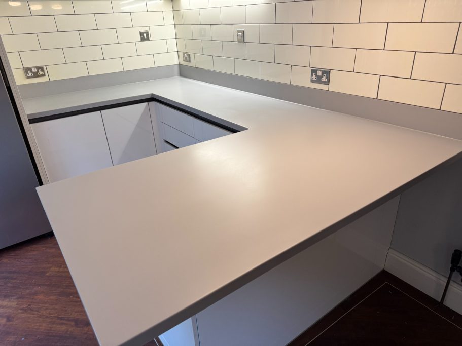 Refinished cream Corian worktop in Pudsey Modern corian worktop 40mm.Corian worktop repolished like new in leeds, pudsey.