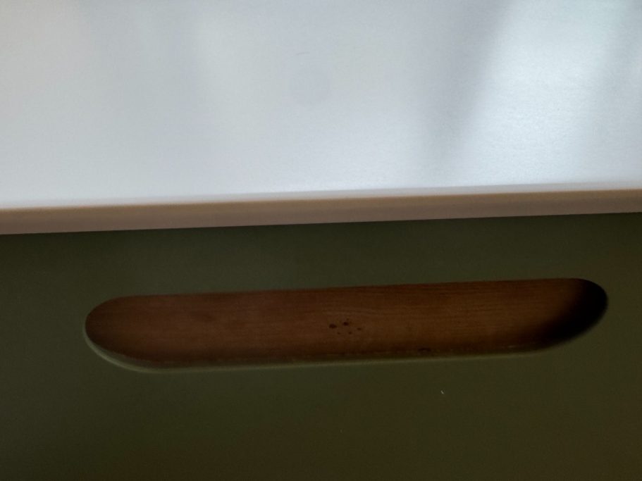 After repair: filled and shaped Corian The Corian worktop has been filled, sanded, and repaired in Leeds.