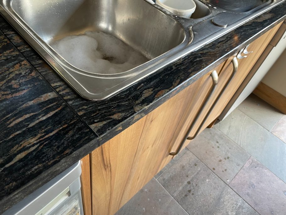 After repair: restored granite sink run Granite sink run after the broken section was refitted and restored.