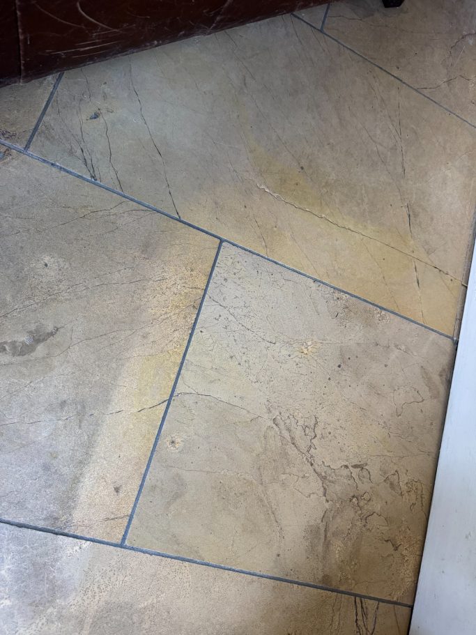 After repair: restored limestone tile in Leeds Finished repair on limestone floor tile. Floor tile was filled with resin and then polished to match the original. Job roundhay park leeds.