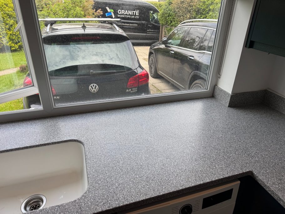 After repair: restored Corian worktop The Corian worktop was fully repaired. It was sanded and repolished to its original sheen. The job was completed in Leeds, west yorkshire.
