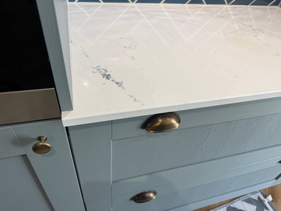 After repair: restored quartz in Penistone Calacatta worktop repair in Penistone, South Yorkshire. This worktop had to be filled and sanded for invisible repair.