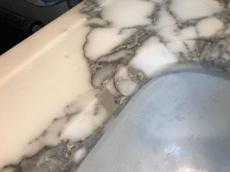 After repair: restored marble vanity top Filled and restored marble bathroom top. Polished and resealed. Vanity top competley restored to a high standard.