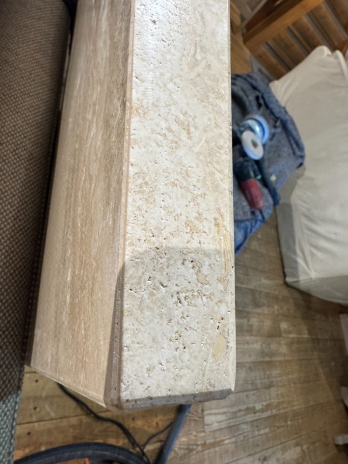 After restoration: polished stone table edge Stone tabletop edge after sanding and polishing.